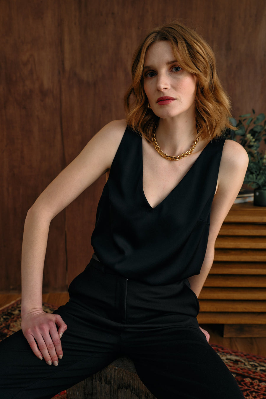 The Hazel Silk Tank Black