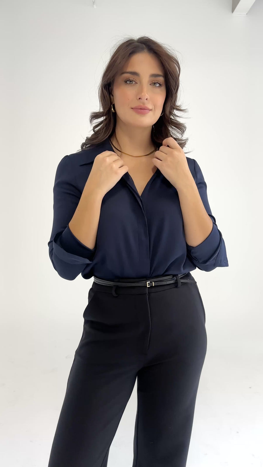 The Grace Silk Long Sleeve Blouse Navy